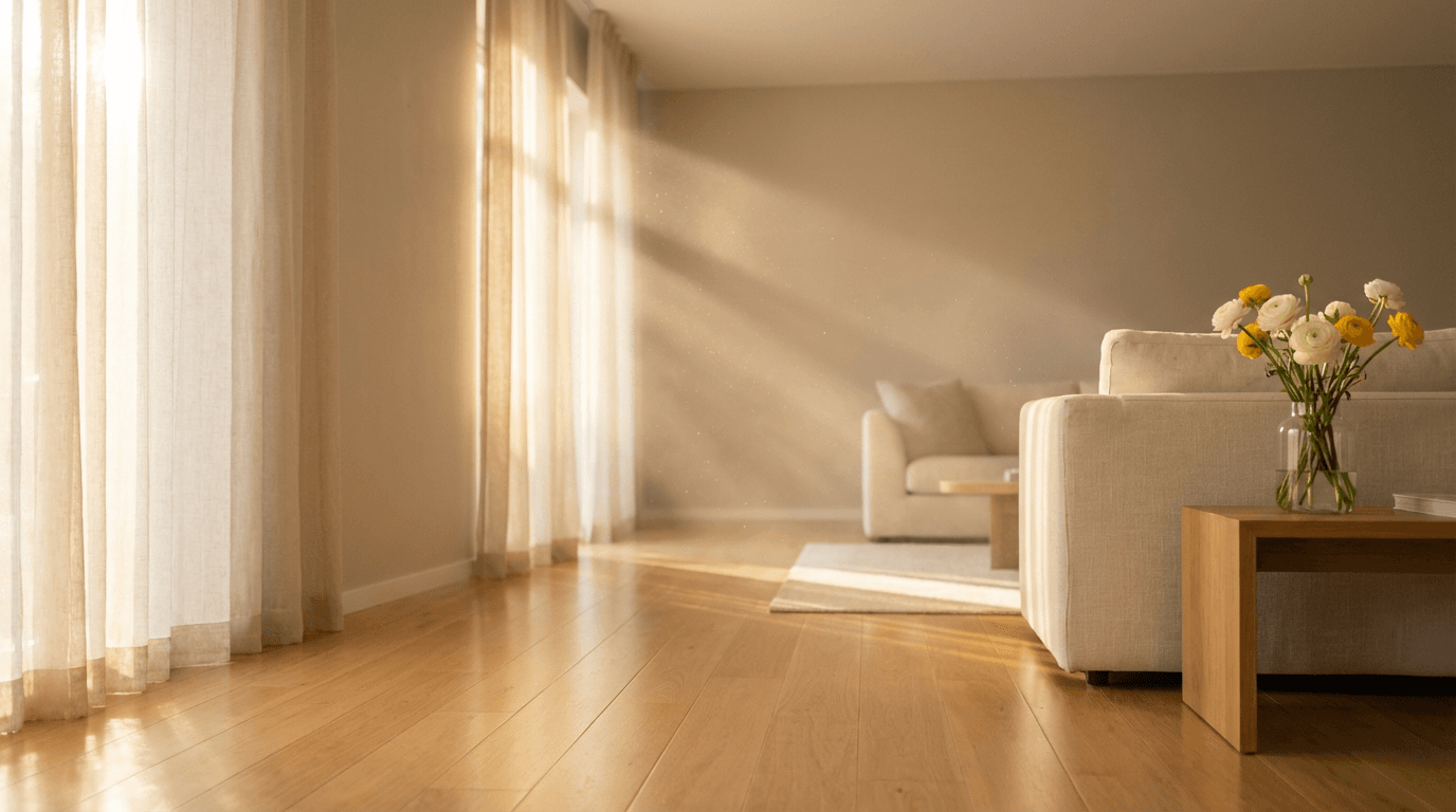 Professional cleaner wiping a glass table in a bright, modern living room
