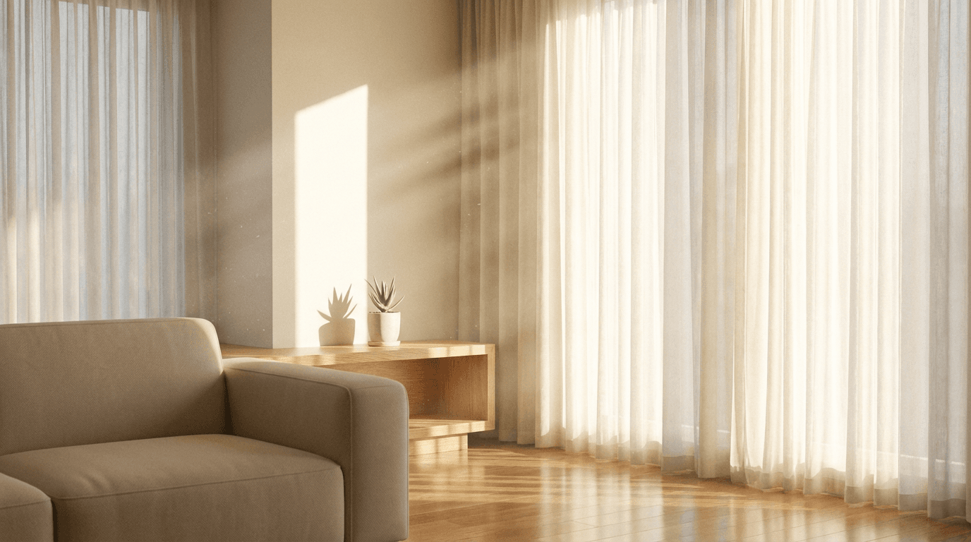 Bright, freshly cleaned living room with sunlight