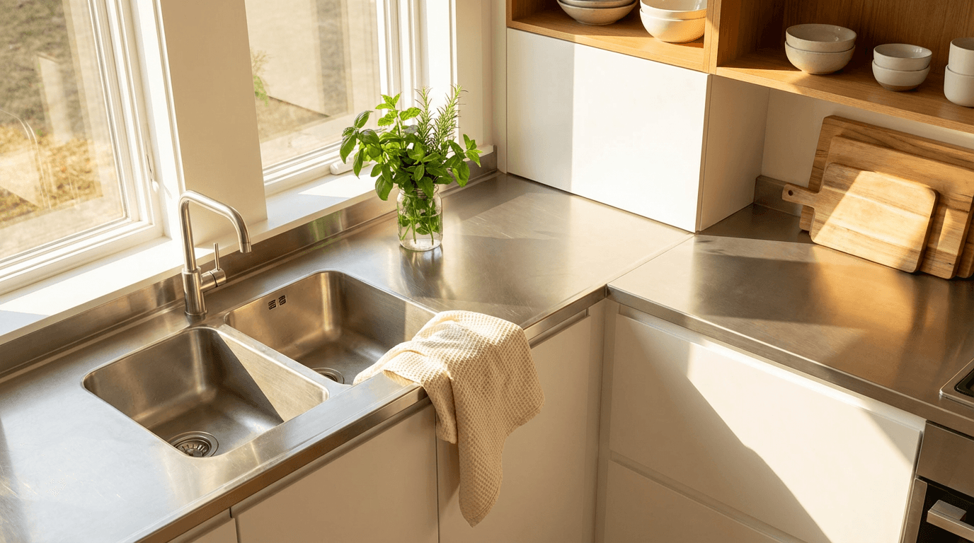 Professional cleaner wiping a kitchen counter in a bright modern home