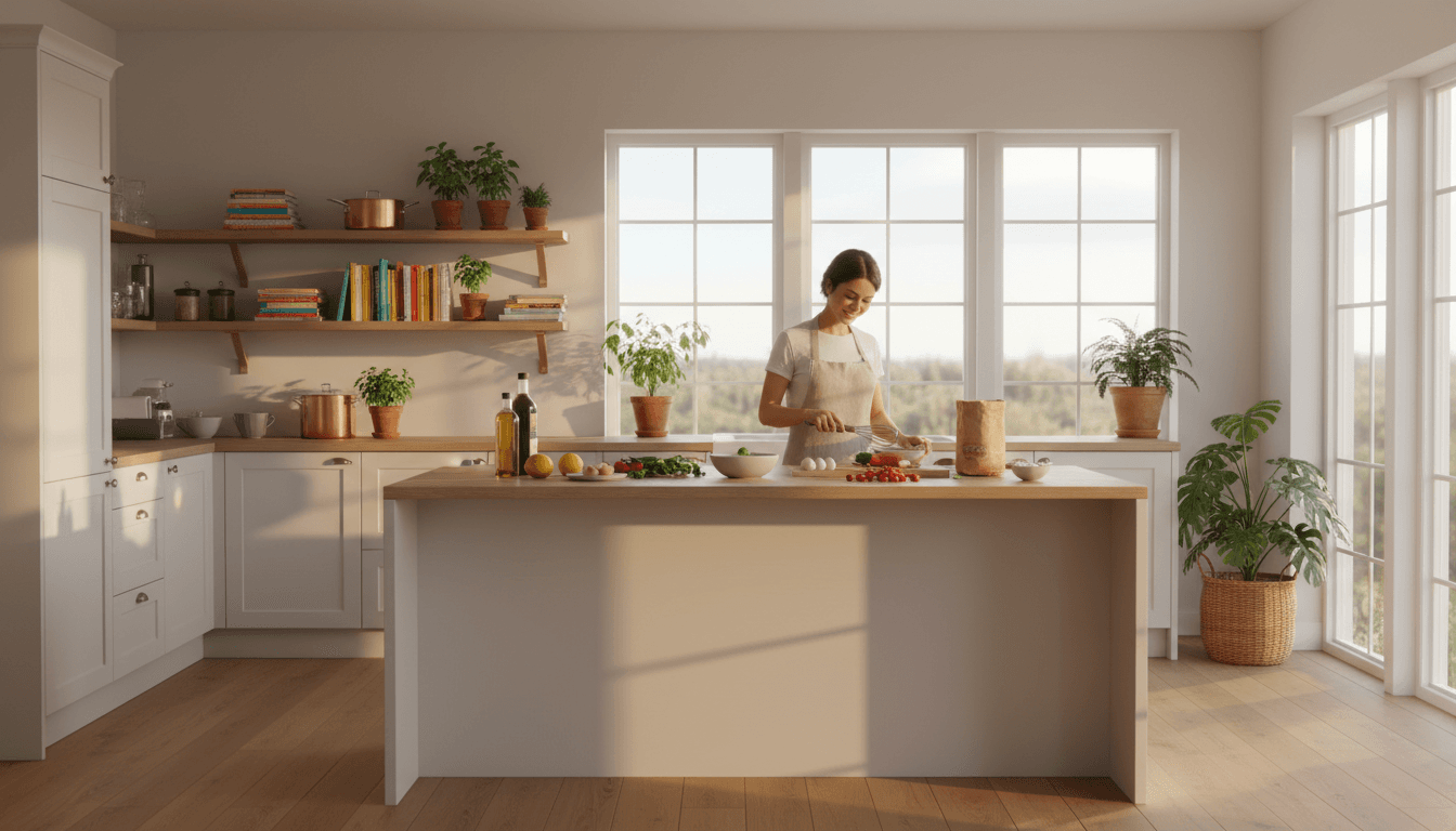 Bright modern kitchen with polished countertops after a professional deep clean