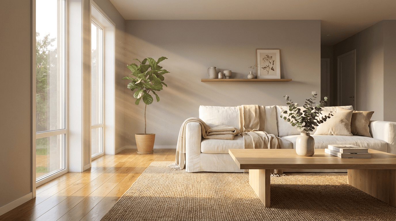 Professional cleaner wiping a glass coffee table in a sunlit living room