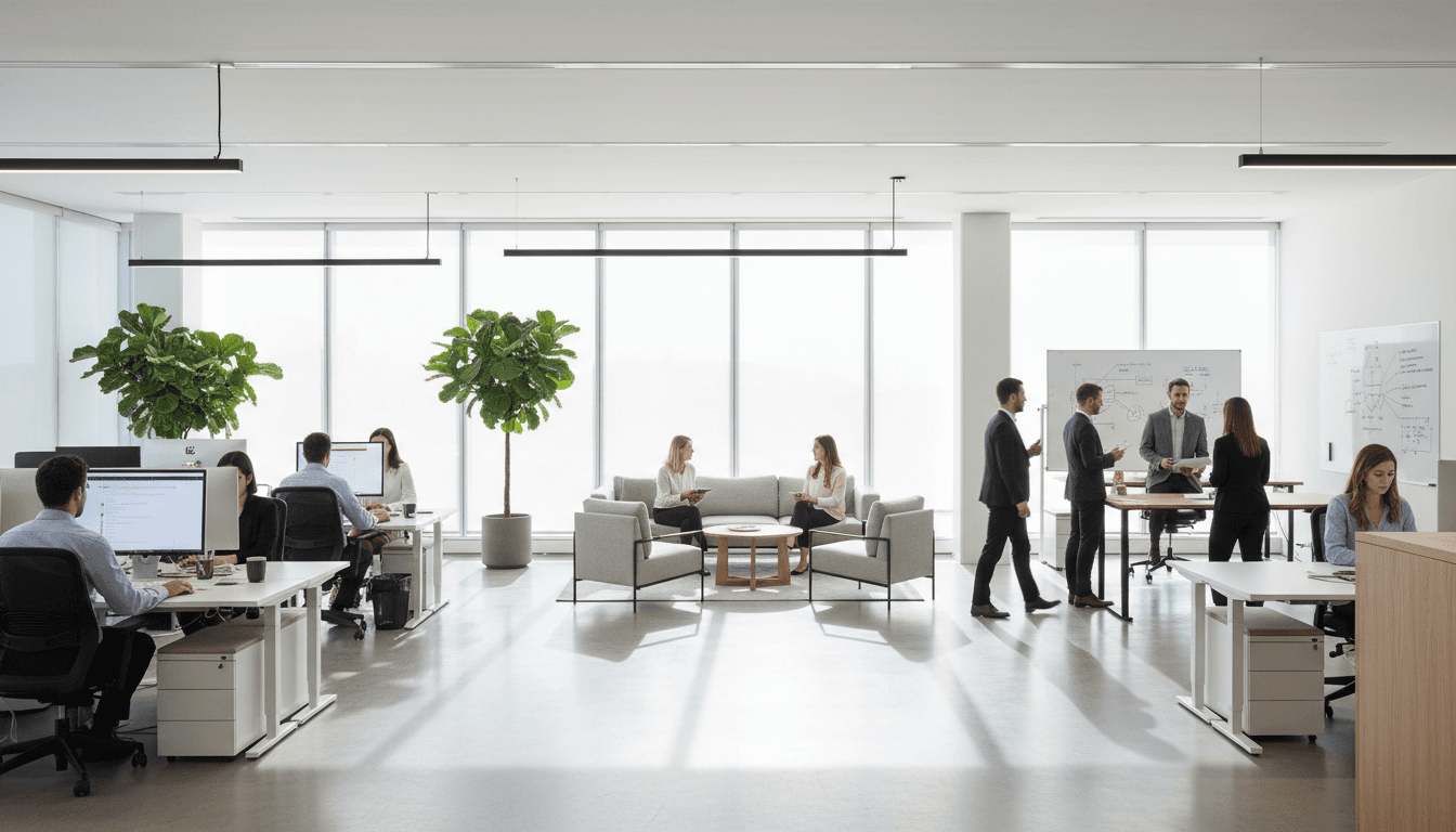 Professional cleaning team at work in a bright office space