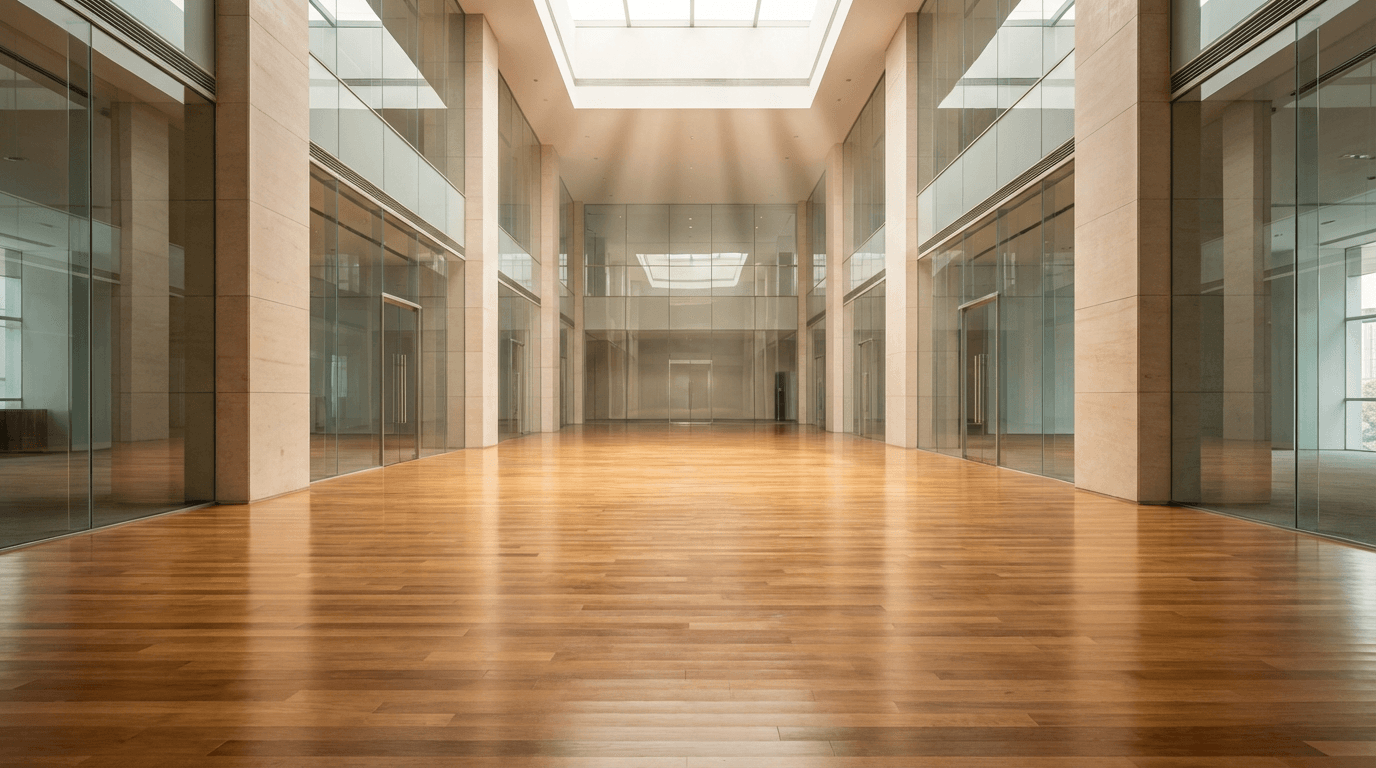 Professional cleaner wiping a glass door in a modern office lobby