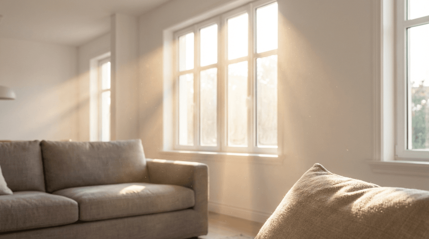 Bright living room being cleaned by a professional