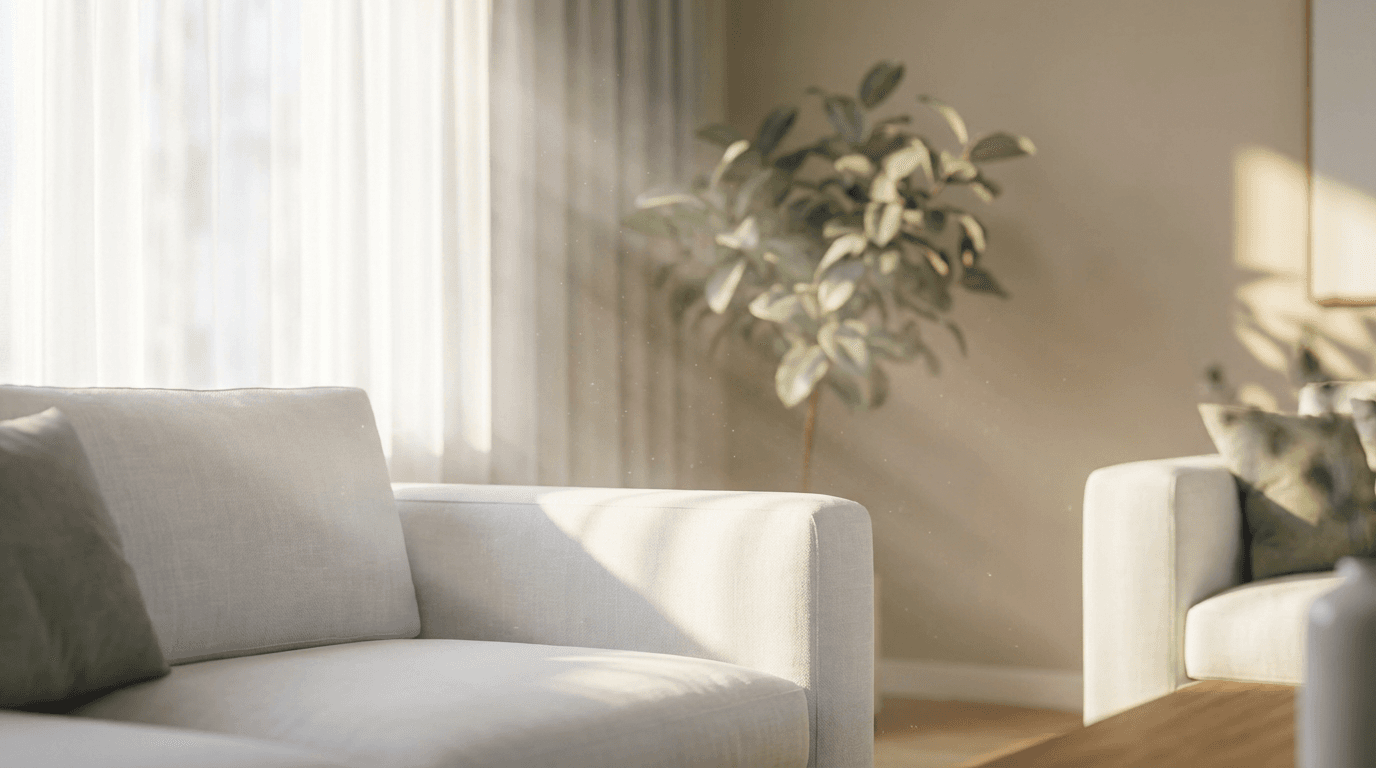 Bright, professionally cleaned living room with sunlight